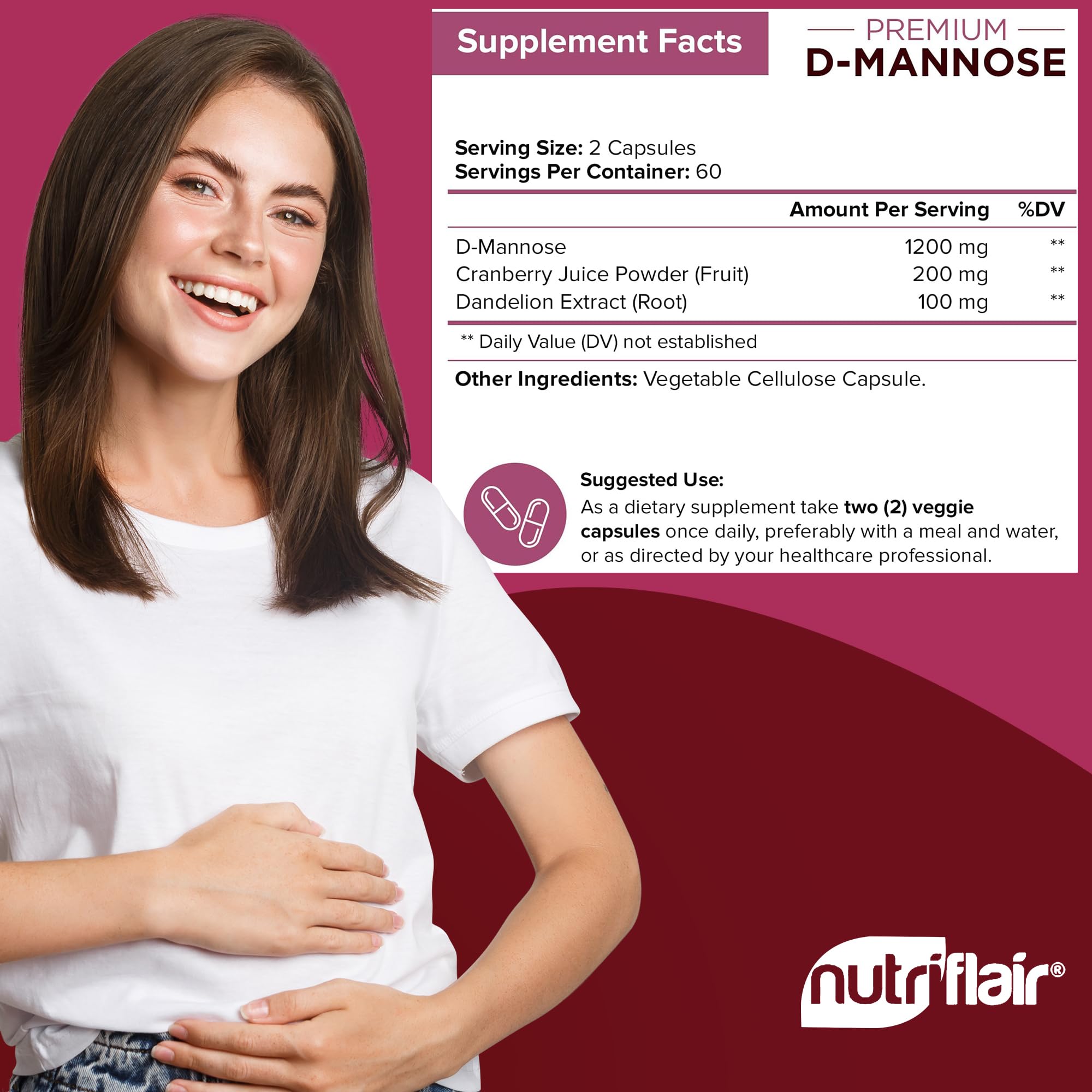 NutriFlair D-Mannose 1200mg UTI Support with Cranberry & Dandelion Extract