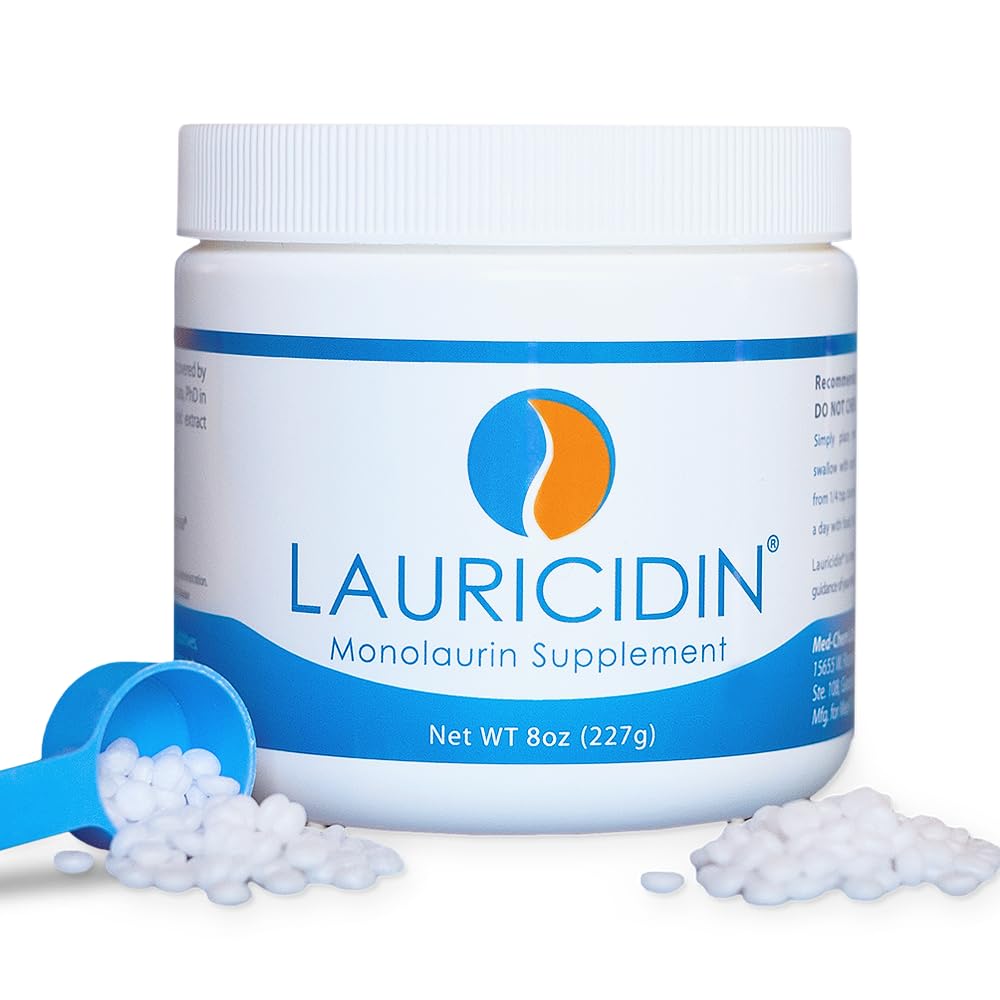 High Potency Lauricidin Monolaurin Supplement for Immune Support and Gut Health, 227g in an 8-oz Jar, 3000 mg per serving.