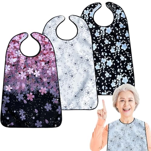 VOPHIA 3 Pack Adult Bibs for Women Washable Bib Reusable Waterproof Clothing Protector with Optional Crumb Catcher Cherry Blossoms