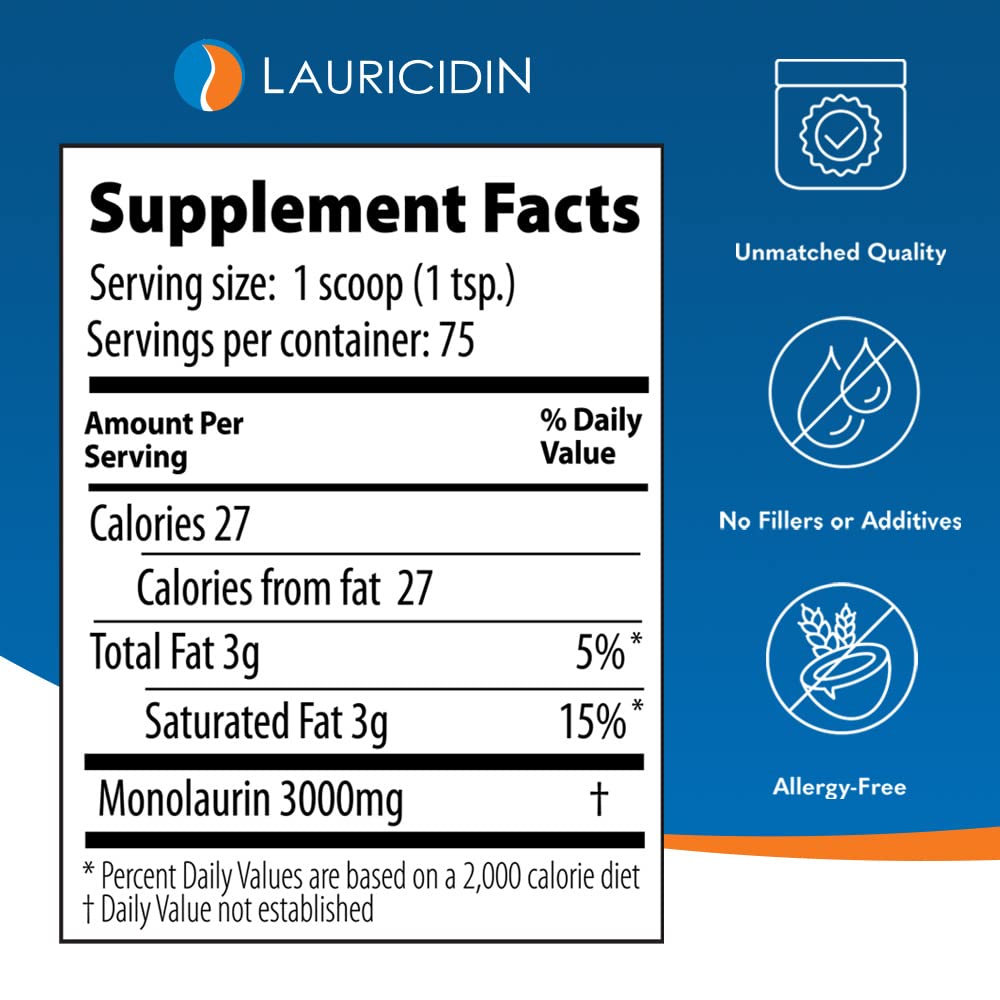 High Potency Lauricidin Monolaurin Supplement for Immune Support and Gut Health, 227g in an 8-oz Jar, 3000 mg per serving.
