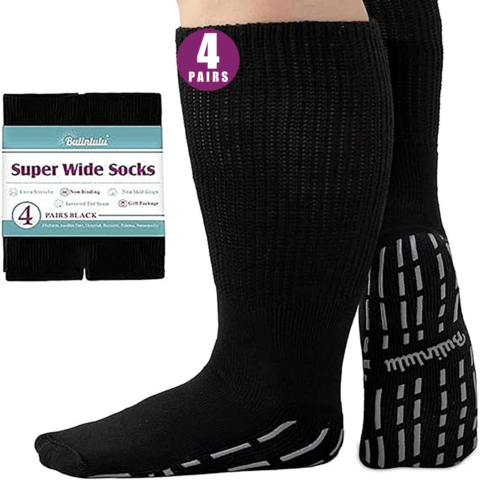 Bulinlulu Extra Width Socks for Swollen Feet-4 Pairs Hospital Grip Socks,Bariatric Socks,Diabetic Socks for Women Men 13-15,Lymphedema Socks-4 Black