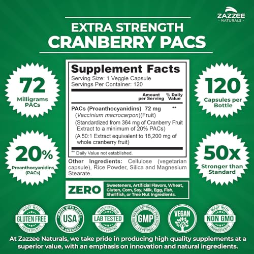 Zazzee Extra Strength Cranberry PACs 120 Vegan Capsules - 72 mg PACs - Effective UTI Support for Women