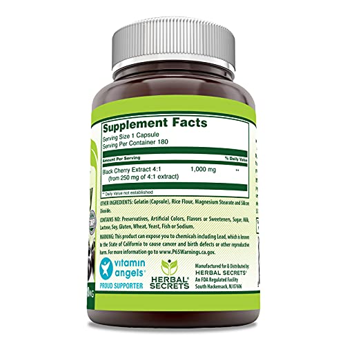Herbal Secrets Black Cherry 4:1 Extract 1000 mg Supplement 180 Capsules