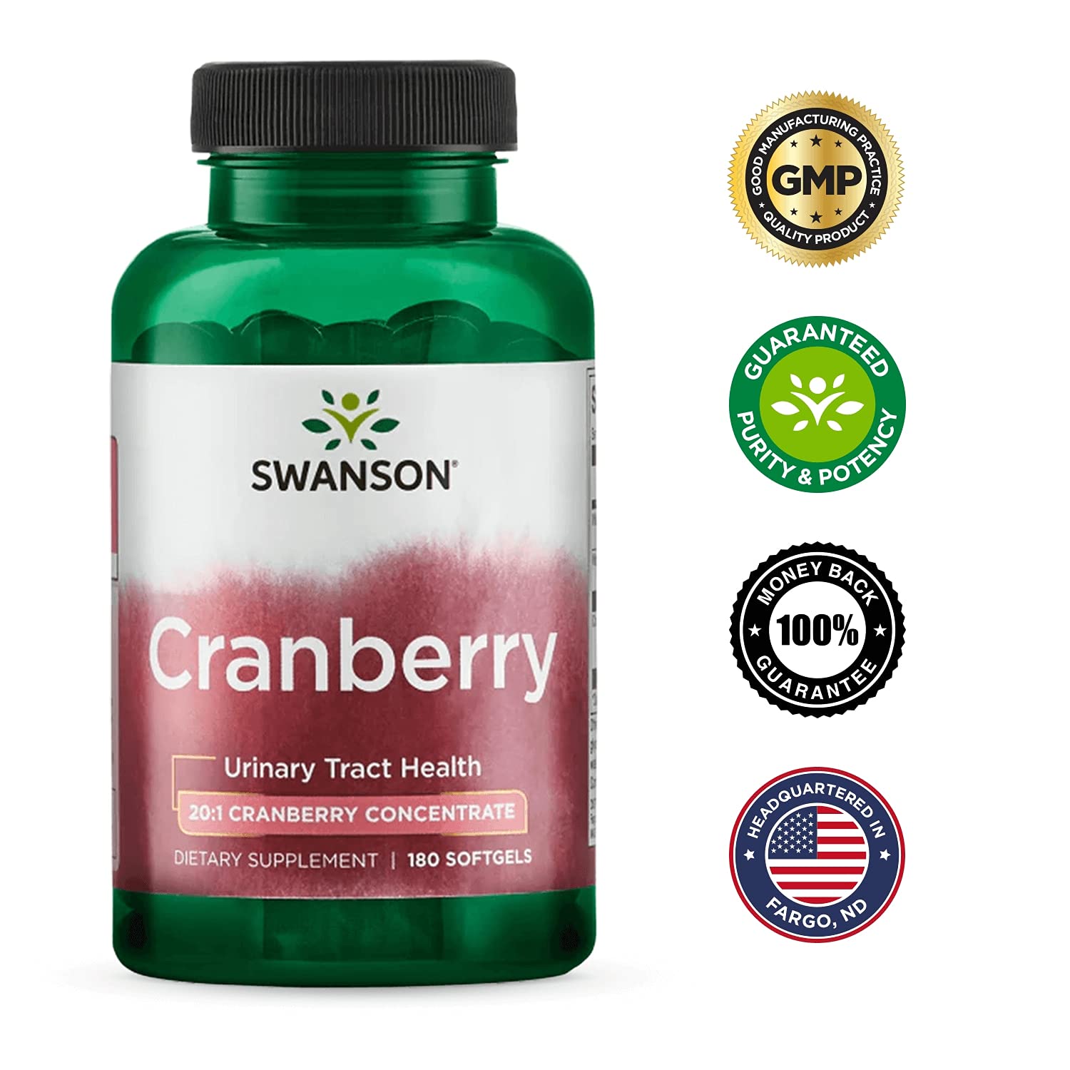 Cranberry Vitality Swanson's 20:1 Concentrated Supplement for Urinary Tract Health and Kidney Function (180 Softgels)