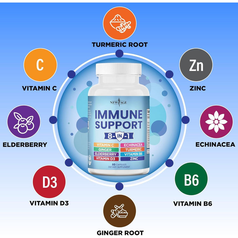 NEW AGE 8-in-1 Immune Support Booster: Echinacea, Vitamin C, Zinc, Vitamin D, Turmeric, Ginger, B6, Elderberry - 120 Count (Pack of 2)
