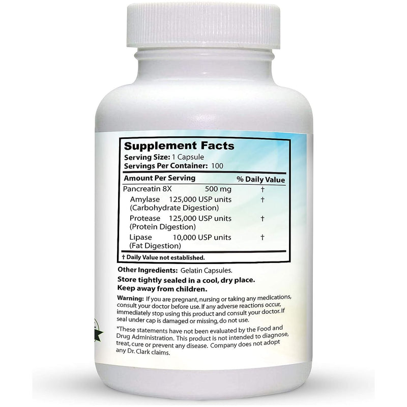 Dr. Clark Pancreatin 8X Enzyme Supplement Supports Optimal Digestion - 100 Gelatin Capsules
