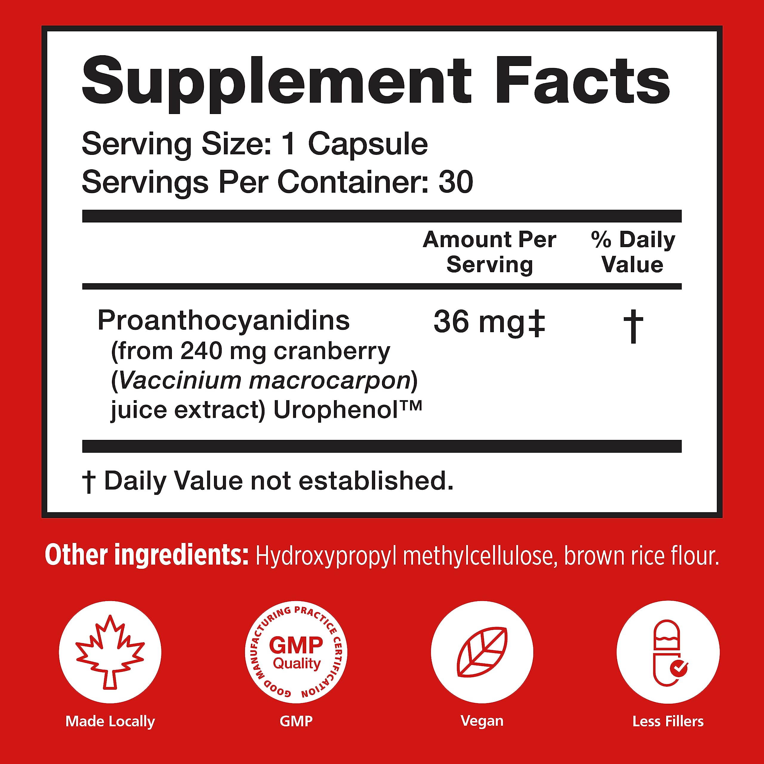 Utiva Cranberry PACs Supplement for Urinary Tract Health, 30 Vegi Capsules