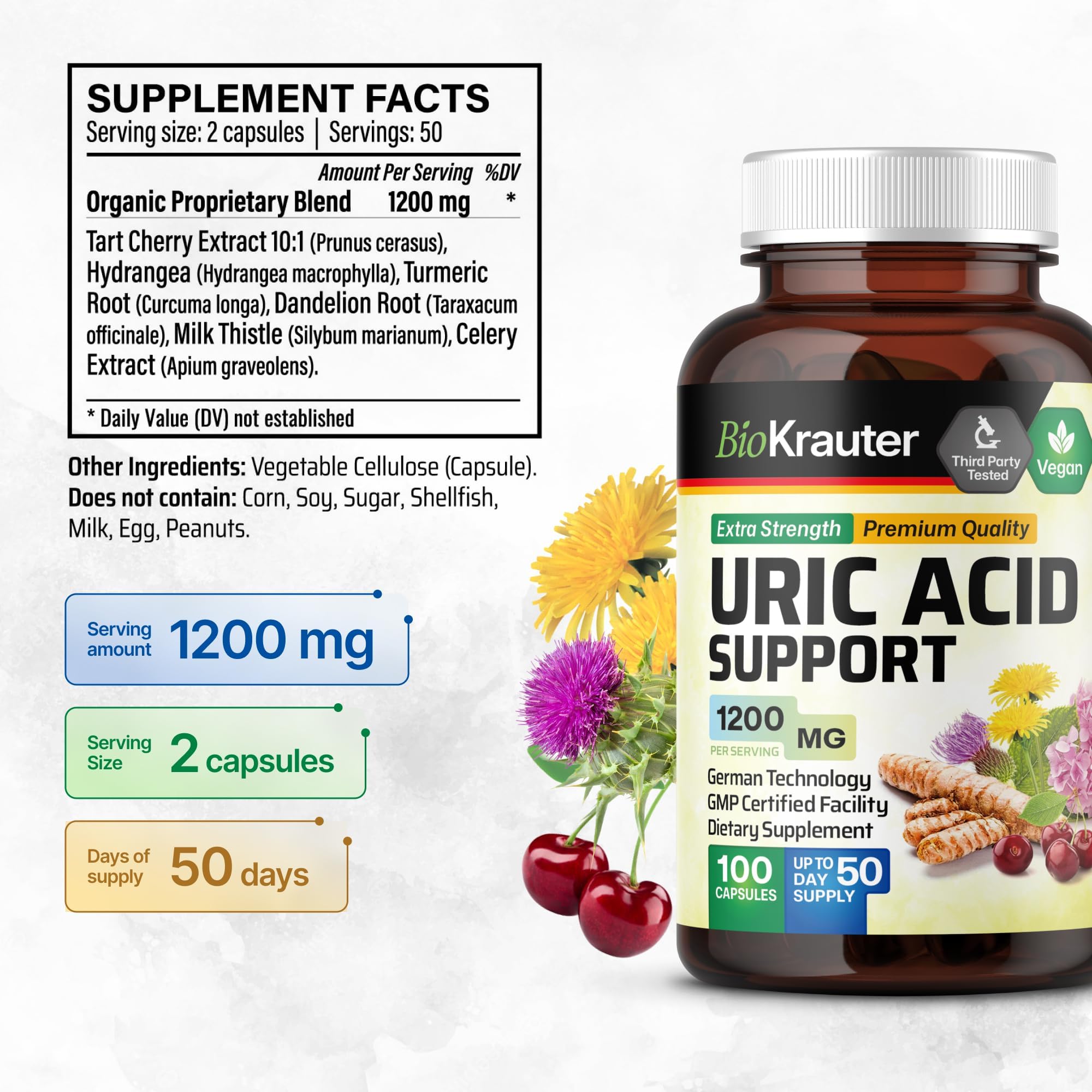 Uric Acid Support Capsules - Organic Kidney Health Supplement w/Tart Cherry 10:1 Extract 100 Vegan Caps