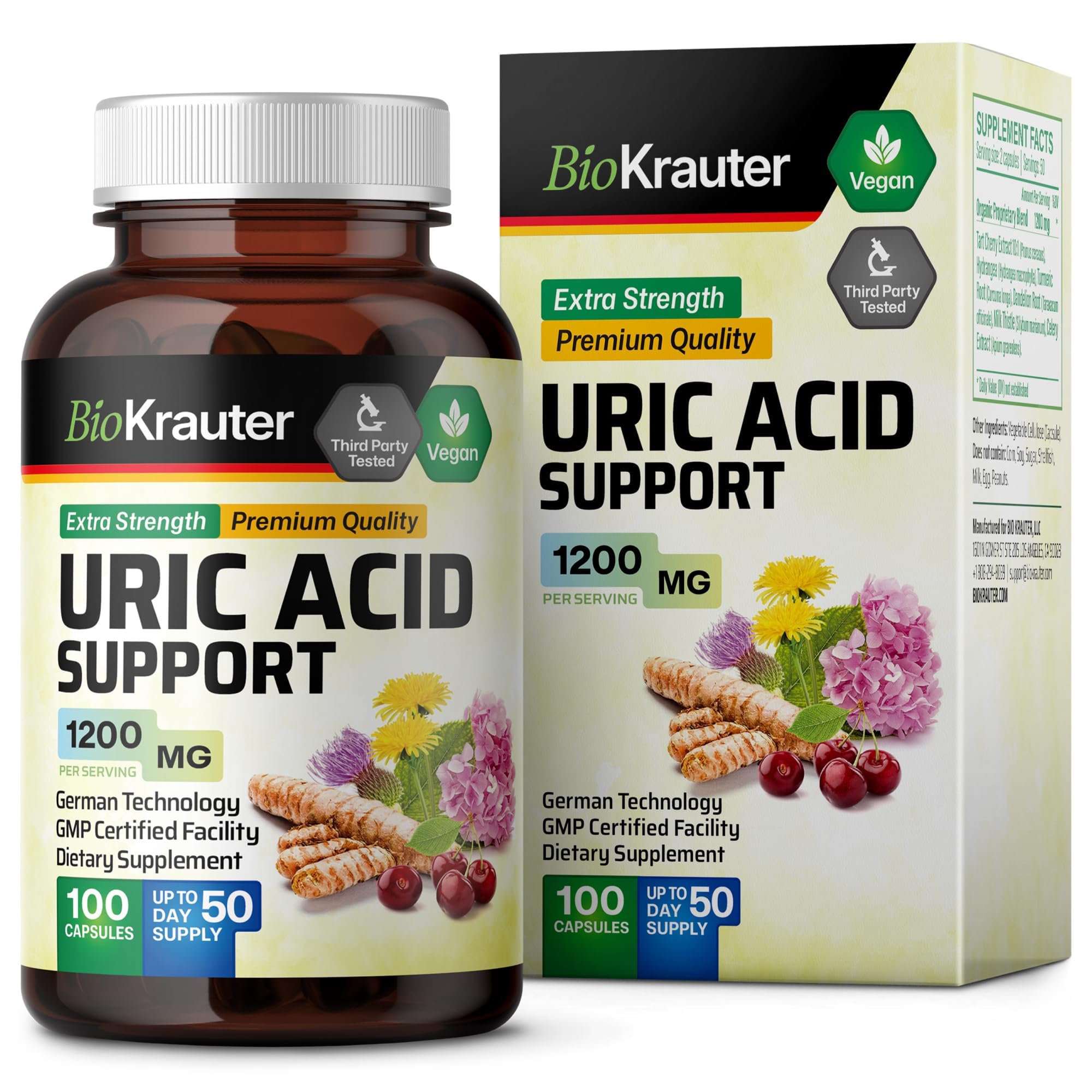 Uric Acid Support Capsules - Organic Kidney Health Supplement w/Tart Cherry 10:1 Extract 100 Vegan Caps