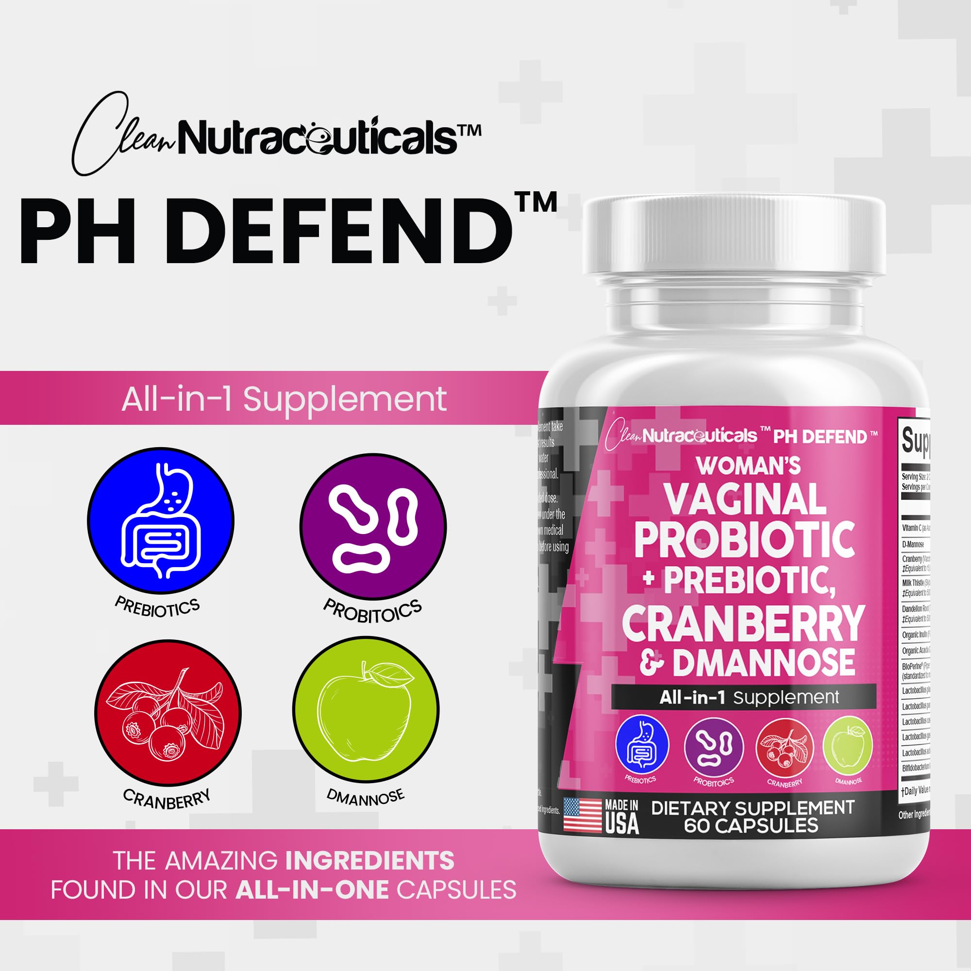 Women's Vaginal Probiotics + Prebiotics Cranberry Pills 30,000mg with D-Mannose 500mg - 20 Billion CFU - 60 Capsules