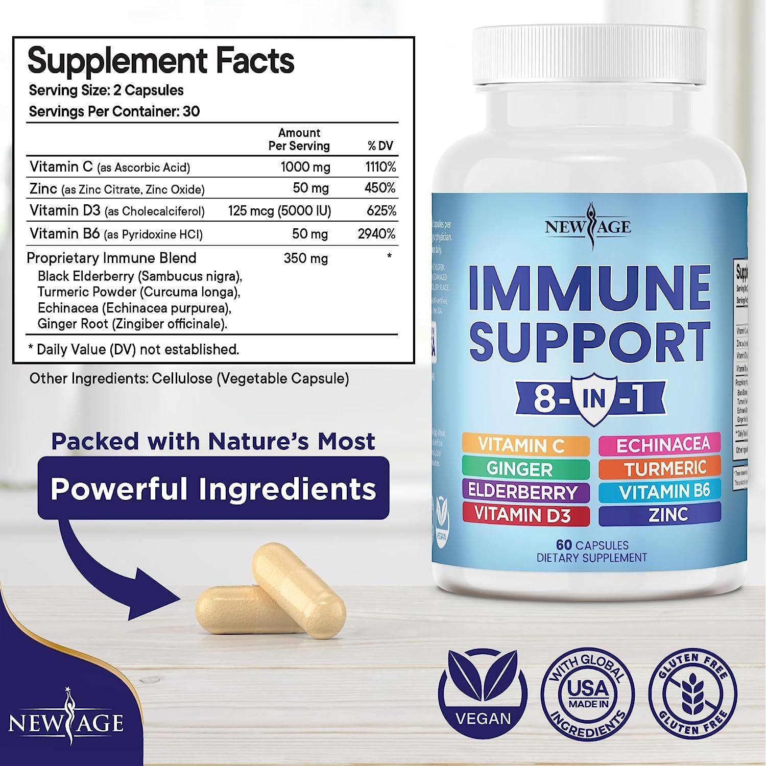 NEW AGE 8-in-1 Immune Support Booster: Echinacea, Vitamin C, Zinc, Vitamin D, Turmeric, Ginger, B6, Elderberry - 120 Count (Pack of 2)